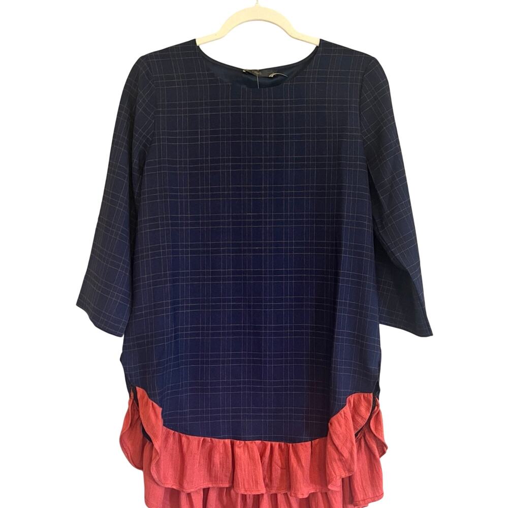 THML 3/4 Sleeve Blouse Blue Plaid Orange Ruffle Business Casual Women's S NWT